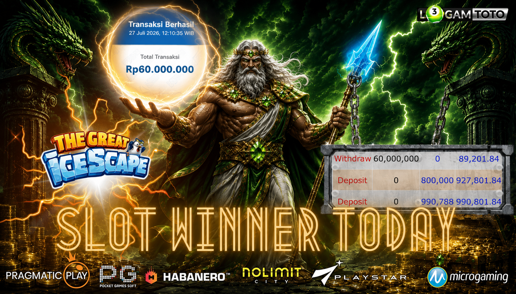 SELAMAT KEPADA MEMBER SETIA LOGAMTOTO BERHASIL JACKPOT 60.000.000 DI PERMAINAN THE GREAT ICESCAPE